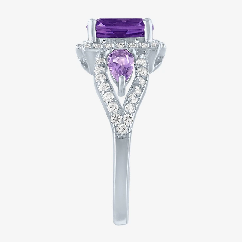 Womens Genuine Purple Amethyst Sterling Silver Cushion Halo Cocktail Ring