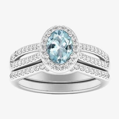 Womens 1/2 CT. T.W. Genuine Blue Sapphire 10K Gold Oval Side Stone Halo Engagement Ring