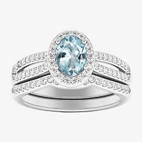Womens 1/2 CT. T.W. Genuine Blue Sapphire 10K Gold Oval Side Stone Halo Engagement Ring