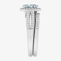 Womens 1/2 CT. T.W. Genuine Blue Sapphire 10K Gold Oval Side Stone Halo Engagement Ring