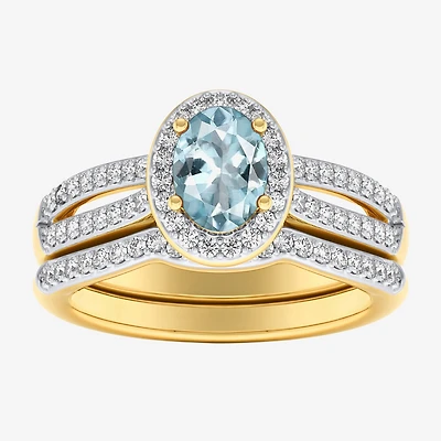 Modern Bride Gemstone Womens 1/2 CT. T.W. Lead Glass-Filled Red Ruby 10K Gold Oval Side Stone Halo Engagement Ring