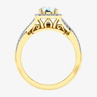 Modern Bride Gemstone and 1/2 CT. T.W. Lab-Grown Diamond 2-PC Cushion Halo Crossover Bridal Set 10K White or Yellow Gold