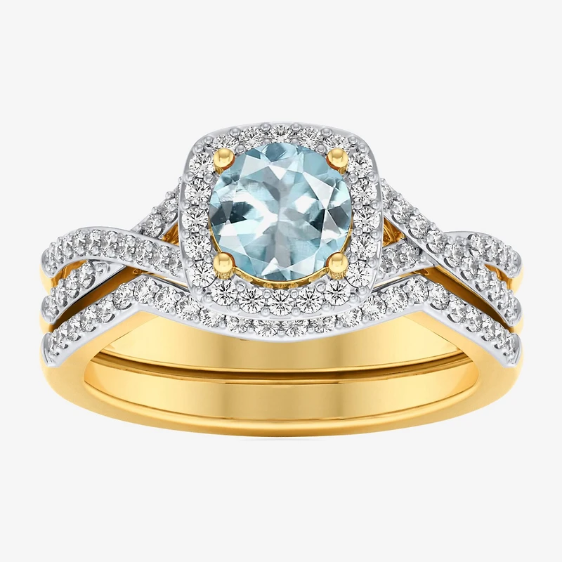 Modern Bride Gemstone and 1/2 CT. T.W. Lab-Grown Diamond 2-PC Cushion Halo Crossover Bridal Set 10K White or Yellow Gold