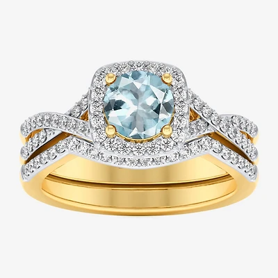 Modern Bride Gemstone and 1/2 CT. T.W. Lab-Grown Diamond 2-PC Cushion Halo Crossover Bridal Set 10K White or Yellow Gold