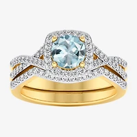 Modern Bride Gemstone and 1/2 CT. T.W. Lab-Grown Diamond 2-PC Cushion Halo Crossover Bridal Set 10K White or Yellow Gold