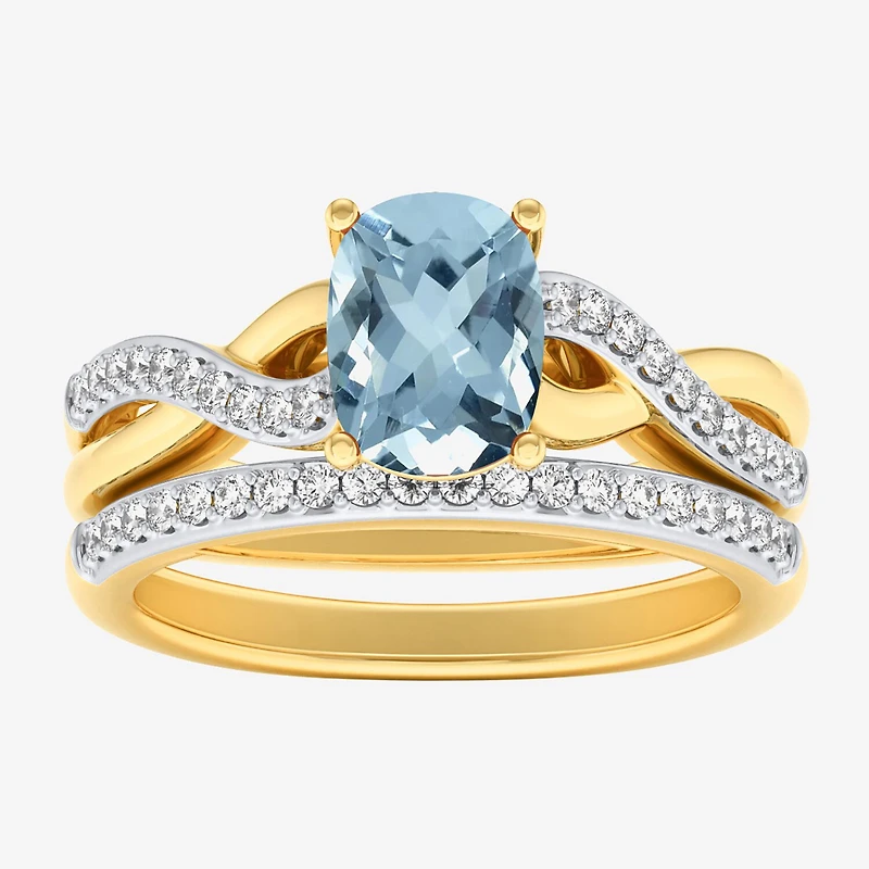 Modern Bride Gemstone Womens 1/3 CT. T.W. Genuine Blue Aquamarine 10K Gold Cushion Side Stone Crossover Bridal Set