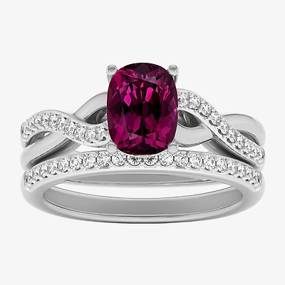 Modern Bride Gemstone Womens 1/3 CT. T.W. Genuine Red Garnet 10K Gold Cushion Side Stone Crossover Bridal Set