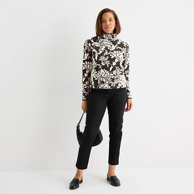 Liz Claiborne Womens Funnel Neck Long Sleeve Floral Pullover Sweater