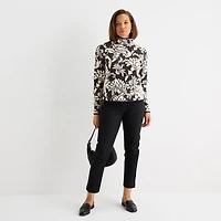 Liz Claiborne Womens Funnel Neck Long Sleeve Floral Pullover Sweater