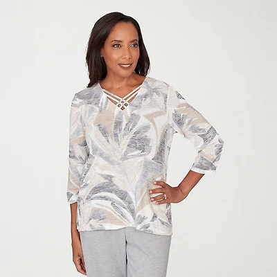 Alfred Dunner Comfort And Joy Womens V Neck 3/4 Sleeve T-Shirt