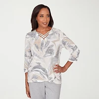 Alfred Dunner Comfort And Joy Womens V Neck 3/4 Sleeve T-Shirt