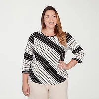 Alfred Dunner Seville Womens Plus Crew Neck 3/4 Sleeve T-Shirt