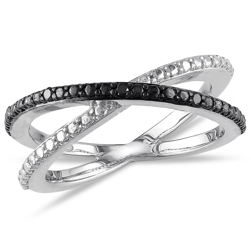 Midnight Black Womens 2mm Diamond-Accent Color-Enhanced Diamond Round Crossover Ring Sterling Silver
