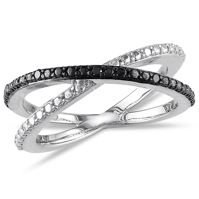 Midnight Black Womens 2mm Diamond-Accent Color-Enhanced Diamond  Round Crossover Ring Sterling Silver