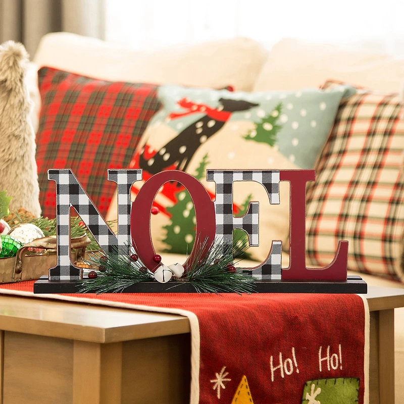 Glitzhome Wooden Plaid "Noel" Hand Painted Christmas Tabletop Decor
