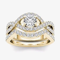 Womens 1 1/2 CT. T.W. Natural White Diamond 14K Gold Round Side Stone Crossover Bridal Set