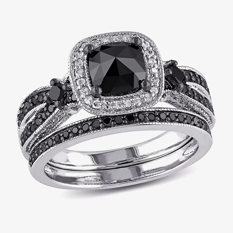 Womens 1 1/2 CT.T.W. Color Enhanced Black & White Diamond Sterling Silver Bridal Set