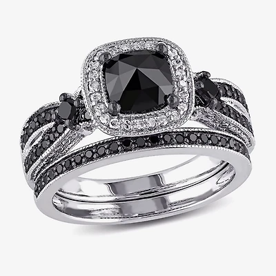Womens 1 1/2 CT.T.W. Color Enhanced Black & White Diamond Sterling Silver Bridal Set