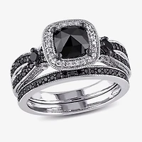 Womens 1 1/2 CT.T.W. Color Enhanced Black & White  Diamond Sterling Silver Bridal Set