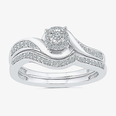 Womens 1/5 CT. Natural White Diamond Sterling Silver Round Side Stone Halo Bridal Set