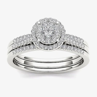 1/2 CT.T.W. Natural Diamond 10K White Gold Halo Bridal Ring Set