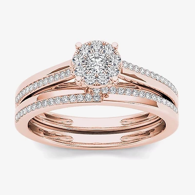 1/3 CT.T.W. Natural Diamond 10K Rose Gold Round Cluster Bridal Set