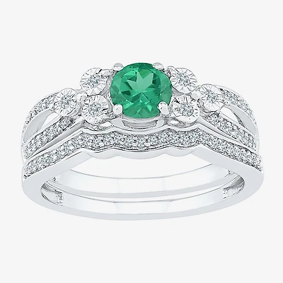 Modern Bride Gemstone Lab Created Emerald & 1/5 CT. T.W. Diamond Sterling Silver Bridal Set