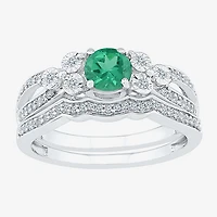 Modern Bride Gemstone Lab Created Emerald & 1/5 CT. T.W. Diamond Sterling Silver Bridal Set