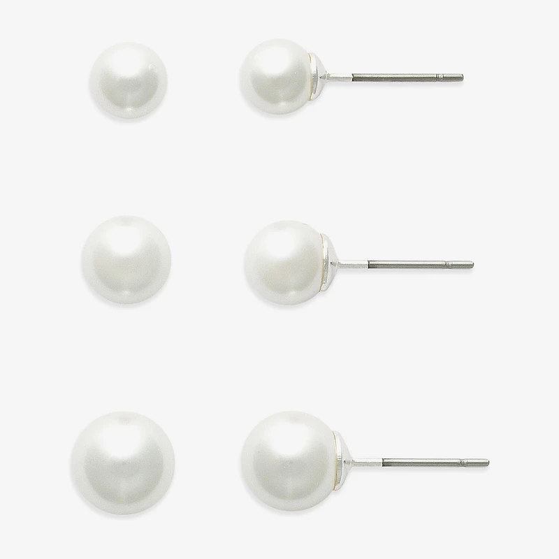 Mixit Womens White Glass Simulated Pearl Hypoallergenic 3 Pair Earring Set
