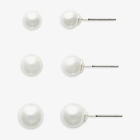 Mixit Womens White Glass Simulated Pearl Hypoallergenic 3 Pair Earring Set
