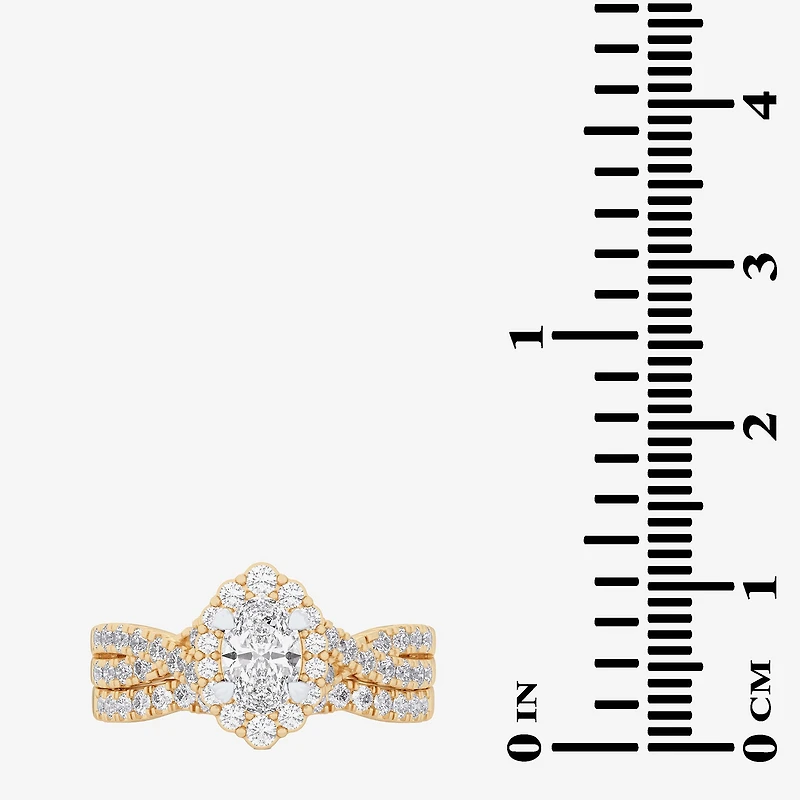 Signature By Modern Bride (G-H / Si1-Si2) Womens 1 1/3 CT. T.W. Lab Grown White Diamond 10K Gold Oval Side Stone Halo Bridal Set
