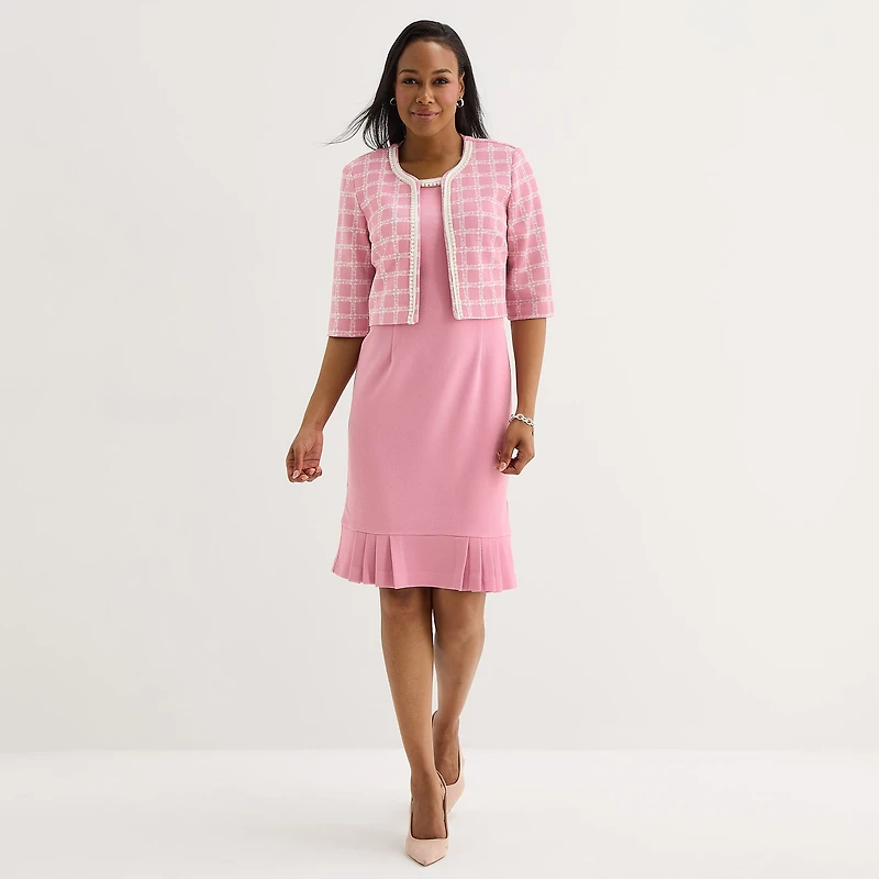 Maya Brooke Womens Pearl Trim Grid Jacket Dress