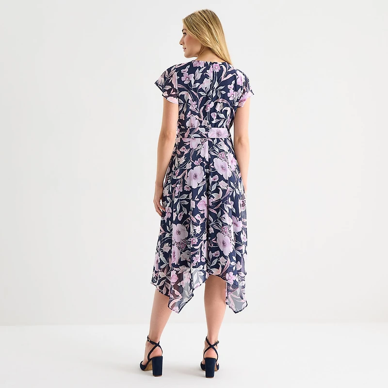 R & K Originals Womens High-Low Round Neck Short Sleeve Flutter Floral Fit + Flare Dress