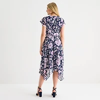 R & K Originals Womens High-Low Round Neck Short Sleeve Flutter Floral Fit + Flare Dress