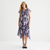 R & K Originals Womens High-Low Round Neck Short Sleeve Flutter Floral Fit + Flare Dress