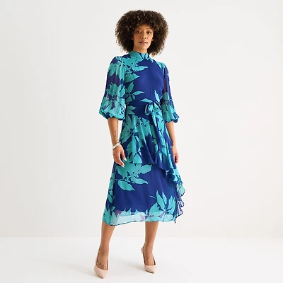 Melonie T Womens Midi Mock Neck 3/4 Sleeve Balloon Floral Fit + Flare Dress
