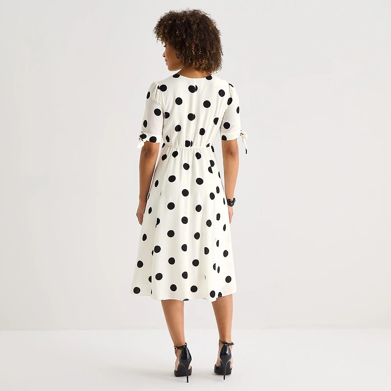 52seven Womens Midi V Neck Short Sleeve Dots Fit + Flare Dress
