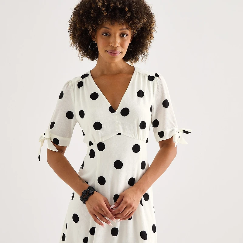 52seven Womens Midi V Neck Short Sleeve Dots Fit + Flare Dress