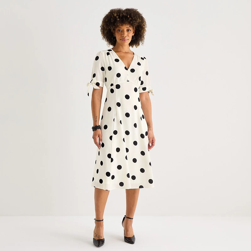 52seven Womens Midi V Neck Short Sleeve Dots Fit + Flare Dress