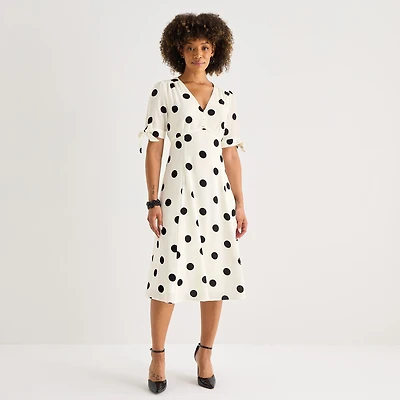 52seven Womens Midi V Neck Short Sleeve Dots Fit + Flare Dress