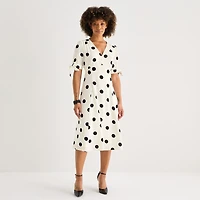 52seven Womens Midi V Neck Short Sleeve Dots Fit + Flare Dress