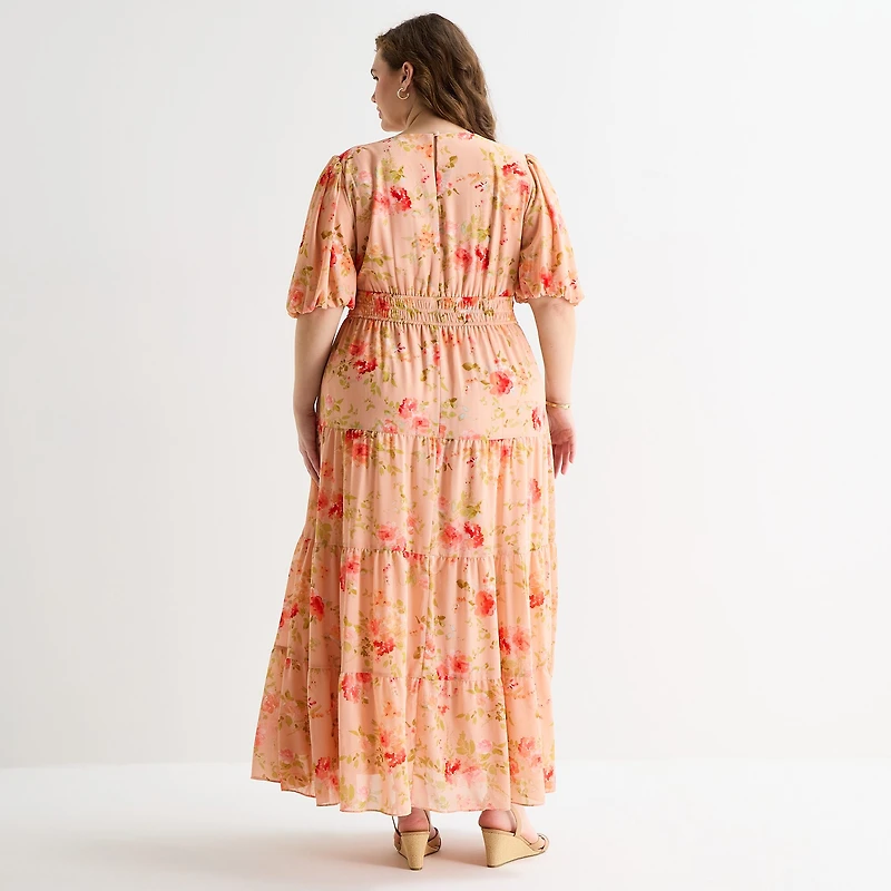 Melonie T Womens Plus V Neck 3/4 Sleeve Balloon Maxi Dress