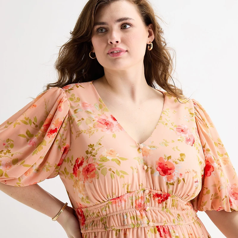 Melonie T Womens Plus V Neck 3/4 Sleeve Balloon Maxi Dress