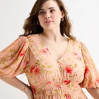 Melonie T Womens Plus V Neck 3/4 Sleeve Balloon Maxi Dress