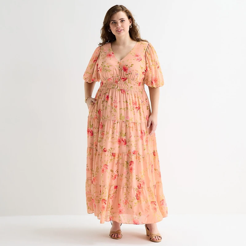 Melonie T Womens Plus V Neck 3/4 Sleeve Balloon Maxi Dress