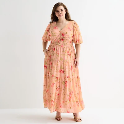 Melonie T Womens Plus V Neck 3/4 Sleeve Balloon Maxi Dress