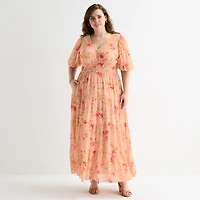 Melonie T Womens Plus V Neck 3/4 Sleeve Balloon Maxi Dress