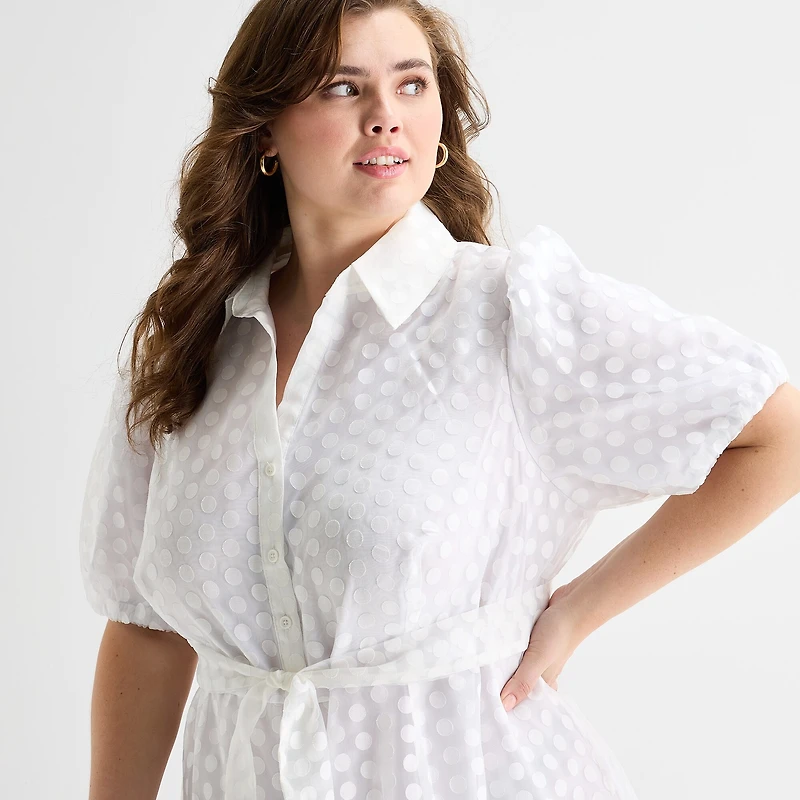 52seven Womens Plus Short Sleeve Midi Dots Shirt Dress