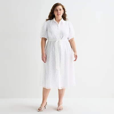 52seven Womens Plus Short Sleeve Midi Dots Shirt Dress