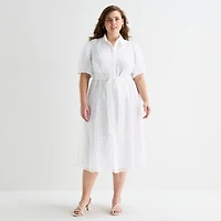 52seven Womens Plus Short Sleeve Midi Dots Shirt Dress